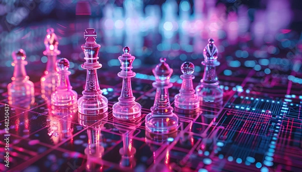 Fototapeta Chess pieces on board in neon lights. Circuit board pattern and binary code symbolizing artificial intelligence