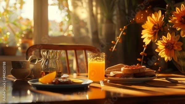 Fototapeta Vibrant breakfast table with orange juice, toast, and sunflowers in a cozy morning sunlight