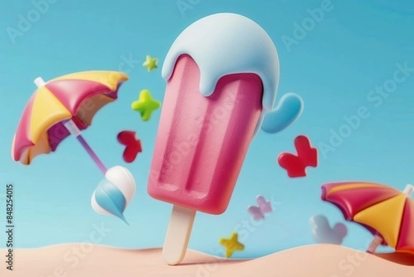 Fototapeta A playful scene featuring a melting popsicle, beach umbrella, and star shapes, suggesting a fun summer vibe