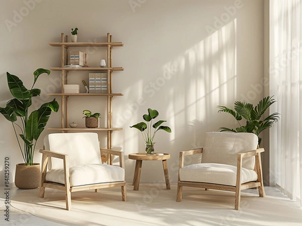 Fototapeta Sleek office design with armchairs, plants, and wooden table