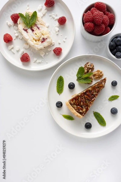 Fototapeta Plates with desserts close-up on a white background. Copy space. Pecan pie, meringue roll and chocolate cake are decorated with berries and mint leaves. Breakfast and tea