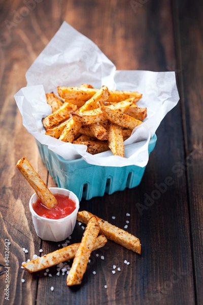 Obraz Roasted vegetables (potatoes and celery root) in ceramic basket and tomato sauce, selective focus