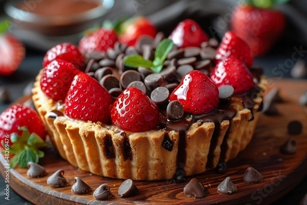 Fototapeta Strawberry pie with flaky crust and delectable chocolate muffins filled with rich chocolate chips, perfect for dessert