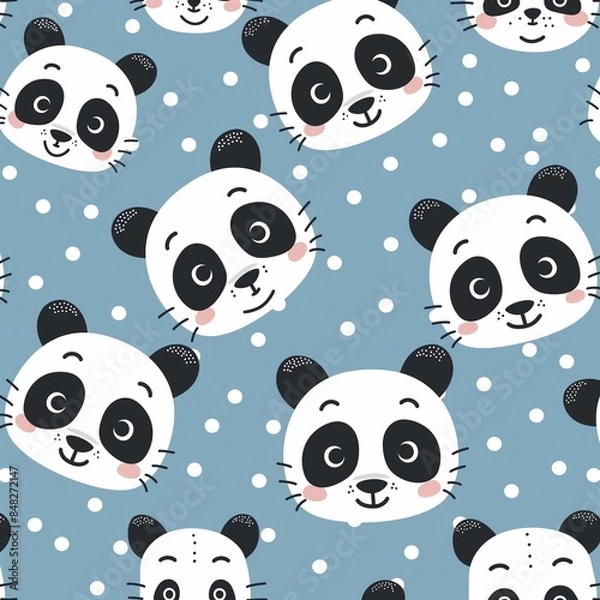 Obraz Adorable kawaii panda faces pattern on a blue background with polka dots, perfect for children’s designs and cute projects.