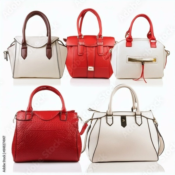 Obraz set collection of stylish women handbag purse, red and white leather, different colors and style, luxury elegant ladies hand bags, Ai Generate
