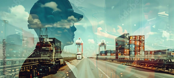 Fototapeta Border Control Double exposure of a customs officer with an overlay of a border checkpoint and cargo transport.