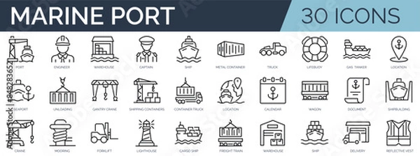 Fototapeta Set of 30 outline icons related to marine port. Linear icon collection. Editable stroke. Vector illustration