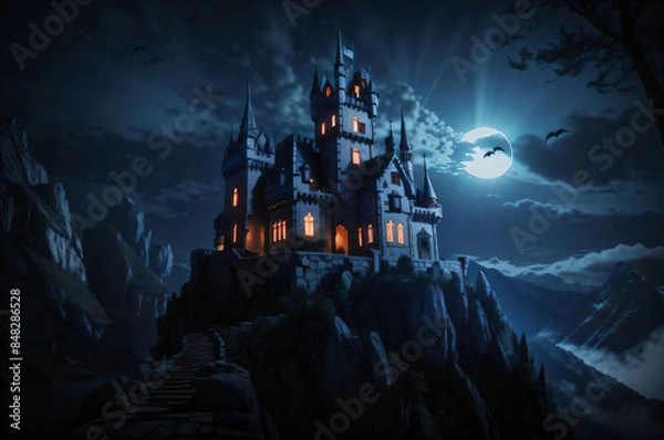 Fototapeta a scary castle on a cliff at night