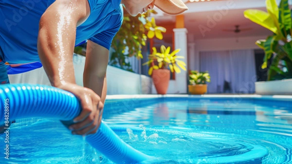Fototapeta Cleaning service man maintains the pool. Dynamic perspective