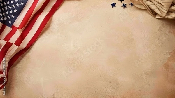 Fototapeta plain beige background with a USA flag theme in the corner and copy space for text on the top
