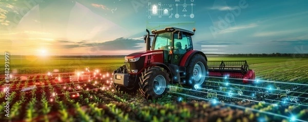 Fototapeta Futuristic smart farming concept with a tractor in a field overlaid with digital graphics and glowing lines