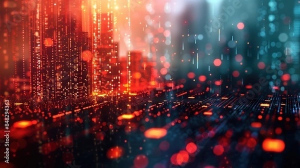 Fototapeta Futuristic digital cityscape with glowing lights and bokeh effects, representing technology and innovation in an urban setting.