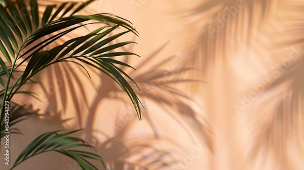 Obraz Blurred shadow from palm leaves on the light peach wall. Minimal abstract background.
