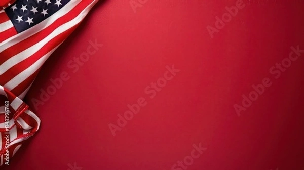 Fototapeta plain cherry red background with a USA flag theme in the corner and copy space for text on the left