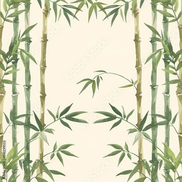 Fototapeta Decorative background featuring tall bamboo stalks with lush green leaves, perfect for nature-themed designs and projects.