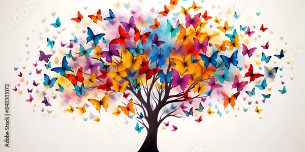 Fototapeta Beautiful tree with colorful butterflies as leaves simple style on white background Generative AI
