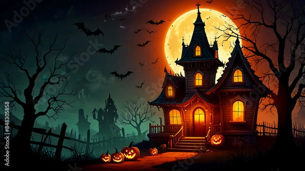 Fototapeta Halloween banner with haunted house. Old abandoned house on full moon night. Bats flying in the sky Creepy colonial cottage in mysterious forest.
