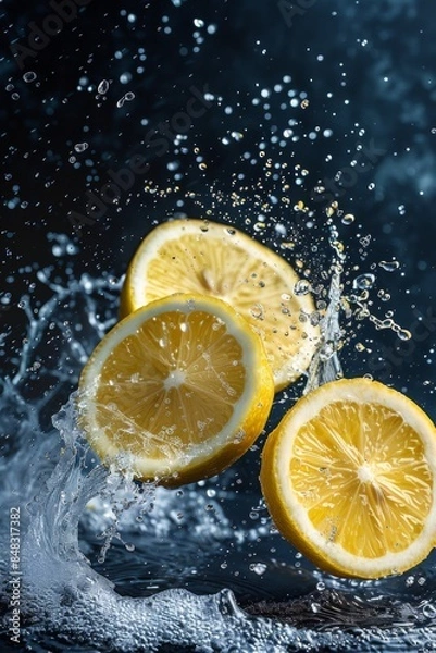 Fototapeta Lemon slices in water with splashes on dark background