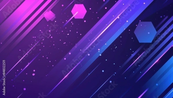 Fototapeta purple and blue background with glowing hexagons and stripes, glowing lines, dark purple and light magenta gradients, dark purple background Generative AI