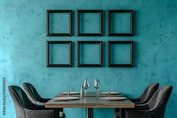 Fototapeta A contemporary dining room with a cyan wall, featuring four small empty black frames arranged in a square.