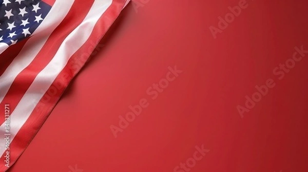 Fototapeta plain ruby red background with a USA flag theme in the corner and copy space for text on the left