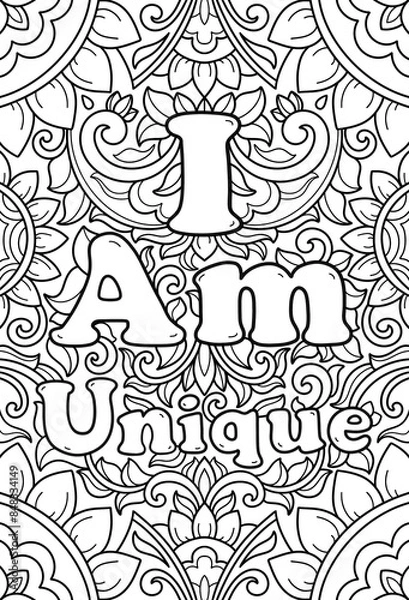 Obraz Coloring book for adults with patterns with motivational quotes. I am unique, mandala, ornament, coloring page, flowers, antistress,