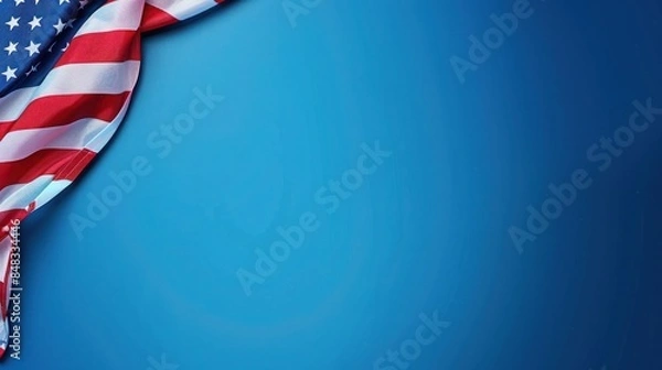 Fototapeta plain sapphire blue background with a USA flag theme in the corner and copy space for text on the left