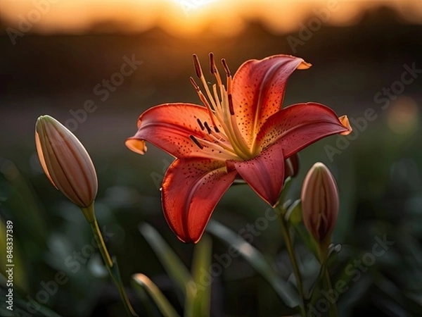 Obraz Red lily in sunset light