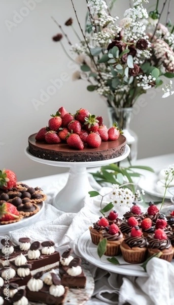 Obraz Elegant Dessert Table Featuring Raw Cheesecake, Fruit Tarts, and Chocolate Truffles for Minimalist Events