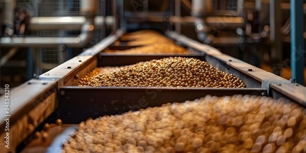 Obraz Wooden conveyor system for precise movement of pellets. Concept Industrial Automation, Material Handling, Conveyor Systems, Pellet Handling, Precision Movement