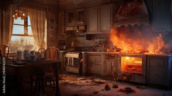 Obraz Fire in kitchen, burning house