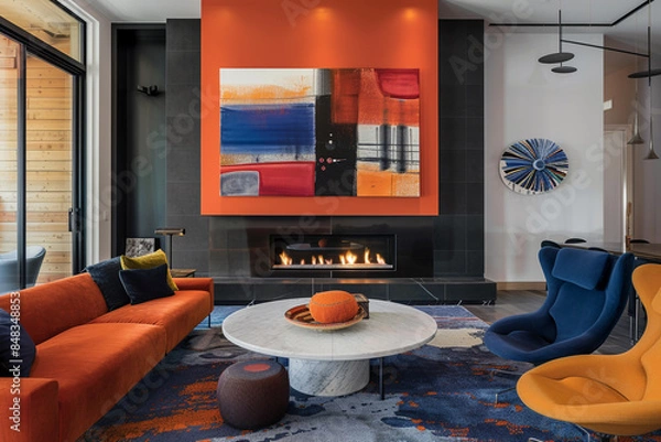 Fototapeta A modern drawing room with a bold color palette, featuring statement furniture pieces, abstract art, and a sleek, contemporary fireplace