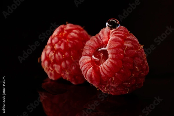 Obraz Water drops on Raspberry isolated with black background