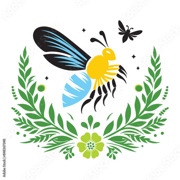 Fototapeta Vibrant Artistic Stylized Bee Illustration with Colorful Floral Elements Modern Artistic Illustration of a Honeybee.
