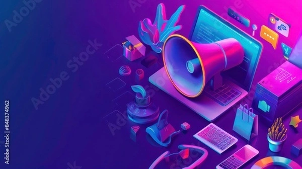 Fototapeta Modern illustration of isometric digital marketing and online shopping. Mobile phone, big megaphone, and 3D promotion icons. Landing page and ultraviolet sales banner. Generative AI