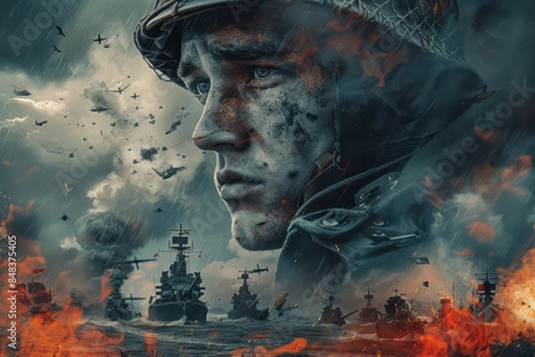 Fototapeta "Battlefield Chronicles Unleashed: A Jaw-Dropping 8K Hyper-Realistic Movie Poster Depicting World War 2 Allies vs Axis Conflict"