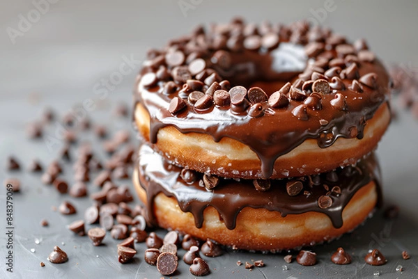 Fototapeta Two delicious chocolate donuts with chocolate topping sprinkled by chocolate chips on gray blurred surface, with copy space. For design, print, card, poster, flyer, advertising, menu. Donut Day