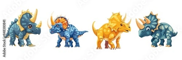 Fototapeta Collection of triceratops isolated on transparent background. Hand drawn vector art.