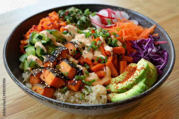 Fototapeta A colorful bowl of food with a variety of vegetables and nuts. The bowl is placed on a counter with other bowls and spices. Scene is healthy and inviting
