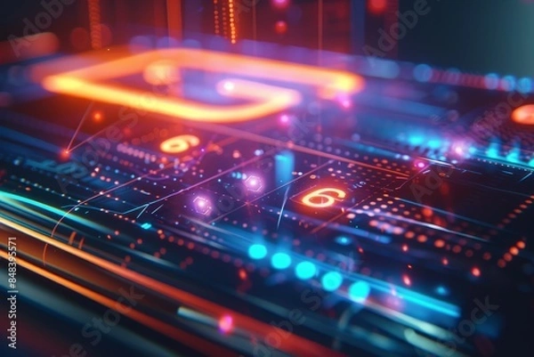 Fototapeta A close-up perspective of a smartphone showcasing a holographic G text icon on an interactive display, creating a visual effect with colorful lights and patterns