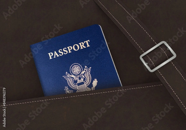 Fototapeta AMERICA Passport in a brown leather travel bag 3D Illustration - United States US