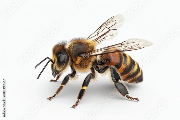 Fototapeta Close up of a honeybee with detailed textures and vibrant colors, captured in a natural setting to highlight its importance in the ecosystem