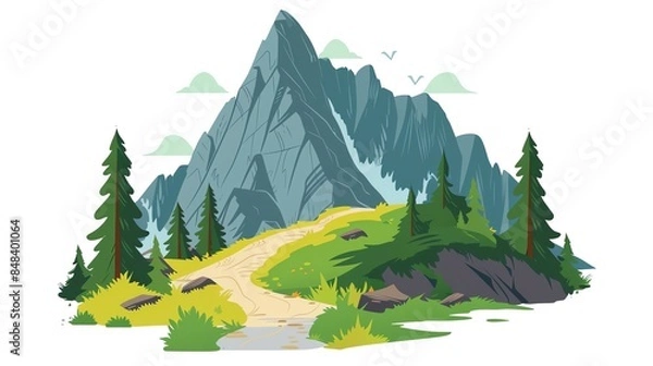 Obraz Flat design mountain with a hiking trail, isolated on white background, adventurous and inviting, highquality graphics, copy space
