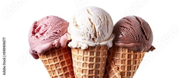 Fototapeta Three scoops of ice cream in a waffle cone, isolated against a white background.