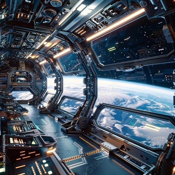 Fototapeta Futuristic space station interior with a clear view of the Earth and stars from a large window - 6