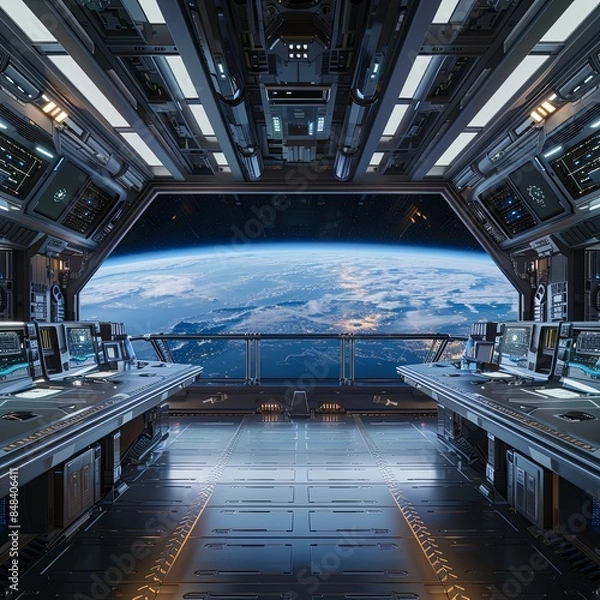 Fototapeta Futuristic space station interior with a clear view of the Earth and stars from a large window - 18
