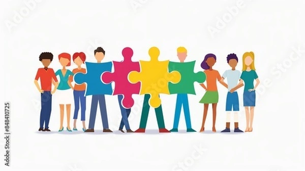 Obraz Flat design concept of team collaboration with diverse group, isolated on white background, vibrant and dynamic, highquality visuals, copy space