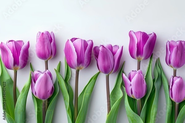 Fototapeta A group of purple tulips on a white surface