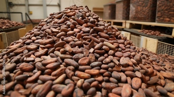 Fototapeta Raw Cocoa Beans Piled in Chocolate Factory Storage  Brown and Green Tones