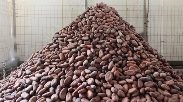 Obraz Raw Cocoa Beans Piled in Chocolate Factory Storage